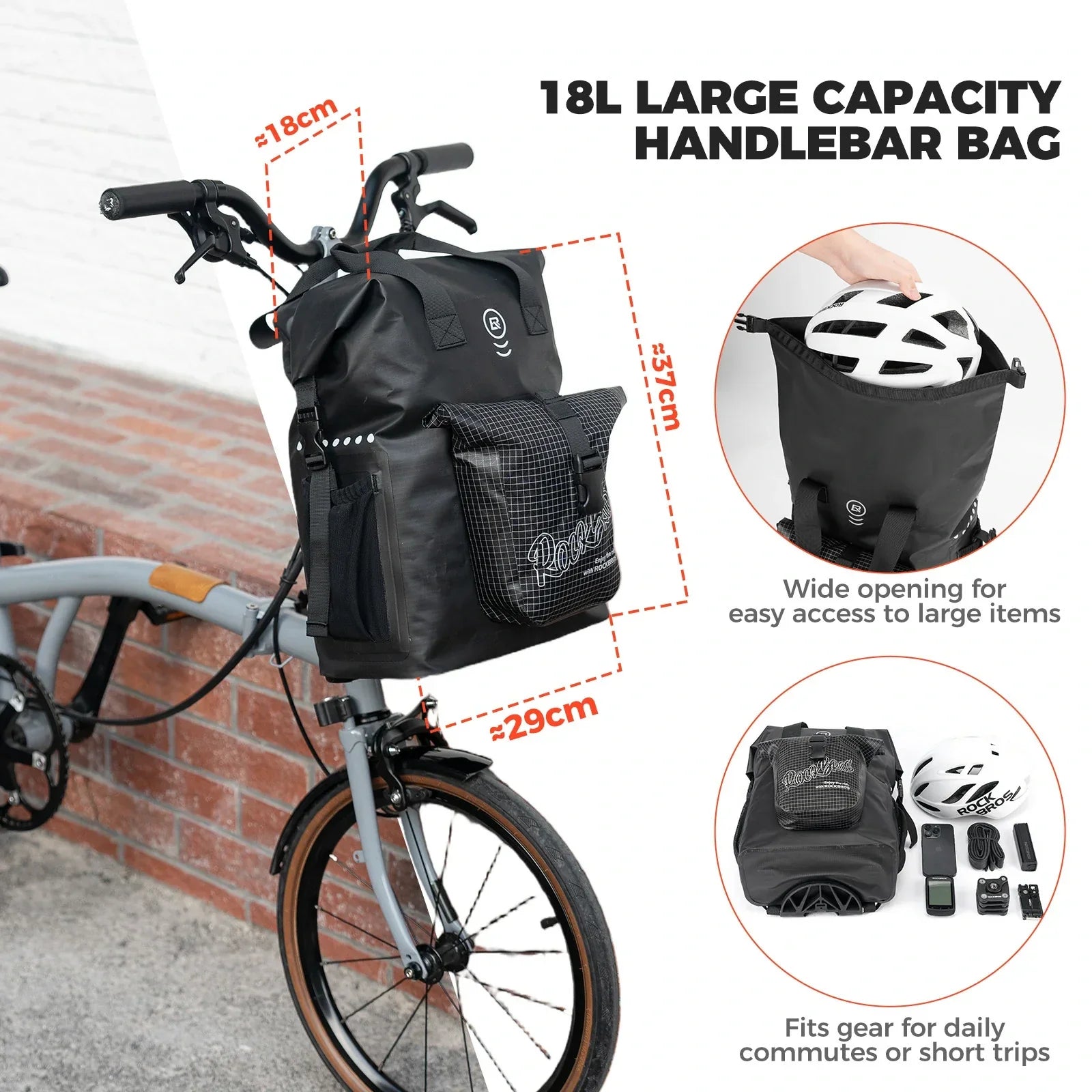 ROCKBROS bike handlebar bag for folding bike 18l