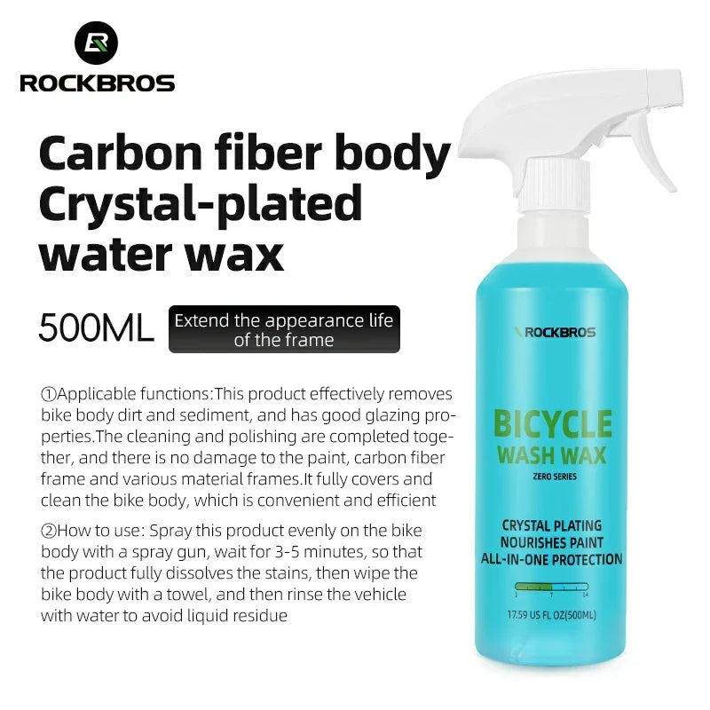 Bicycle wash wax bottle with text about its features and uses on a white background #Color_Wash Wax