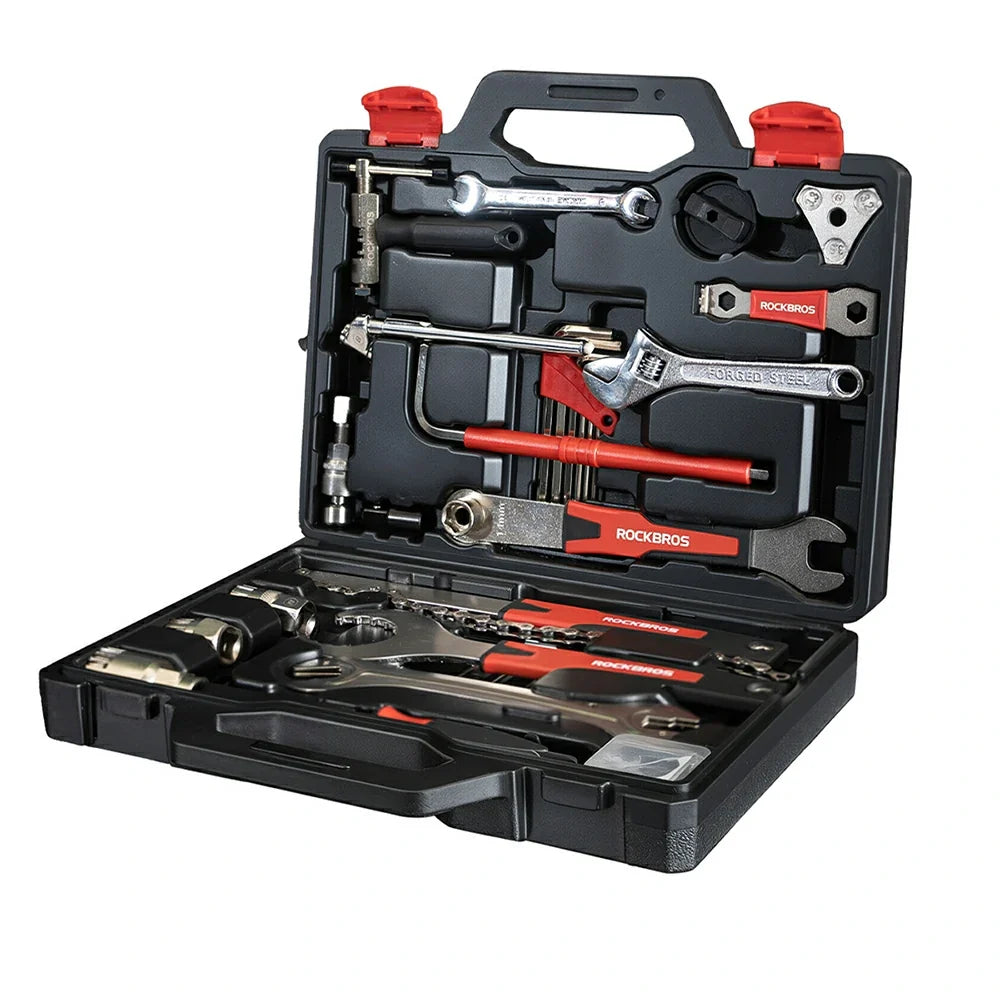Bike repair tool kit with steel tools in storage box