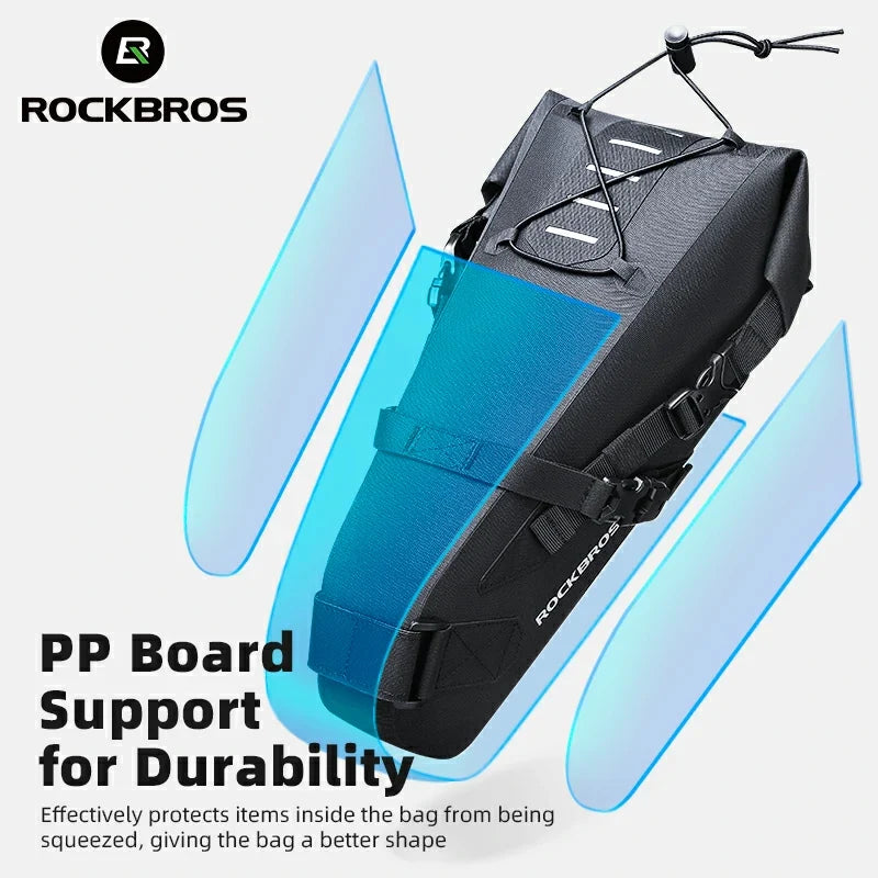 Black bicycle saddle bag with PP board support on a white background, featuring RockBros branding.