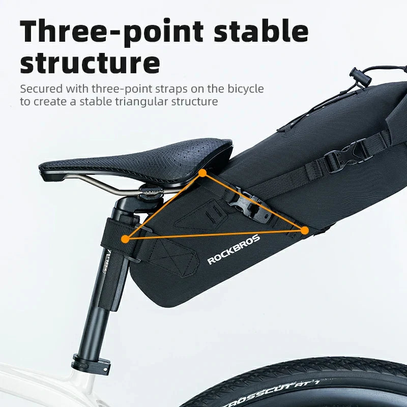 Bicycle seat bag with three-point stable structure and ROCKBROS branding on a white background.
