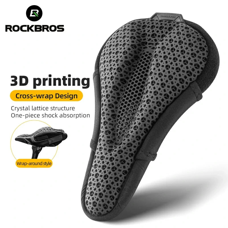 Gray bicycle seat with 3D printing and cross-wrap design on a white background, featuring RockBros branding.