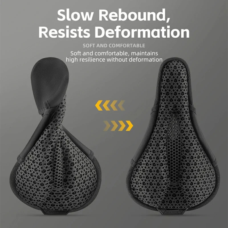 Black bicycle seat with text highlighting its properties on a gray background