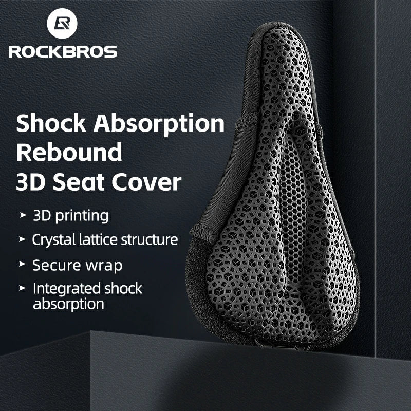 3D printed bicycle seat cover with text highlighting features on a dark background