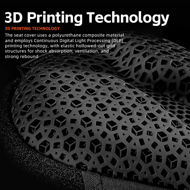 Black 3D-printed seat cover with text about 3D printing technology on a black background