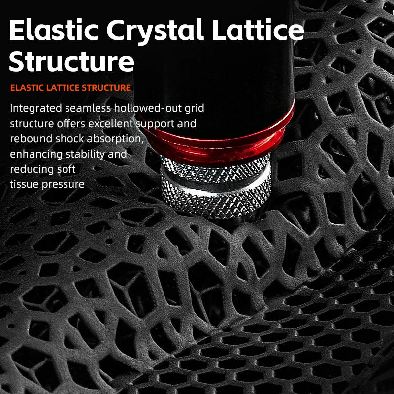 Close-up of a black elastic crystal lattice structure with text explaining its properties.
