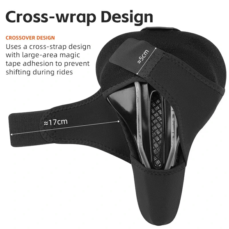 Black cross-wrap design with text explaining its features on a white background