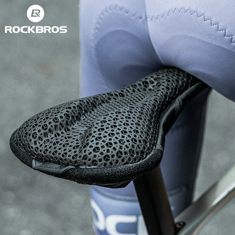 Close-up of a bicycle seat with a textured surface, featuring the RockBros brand logo.