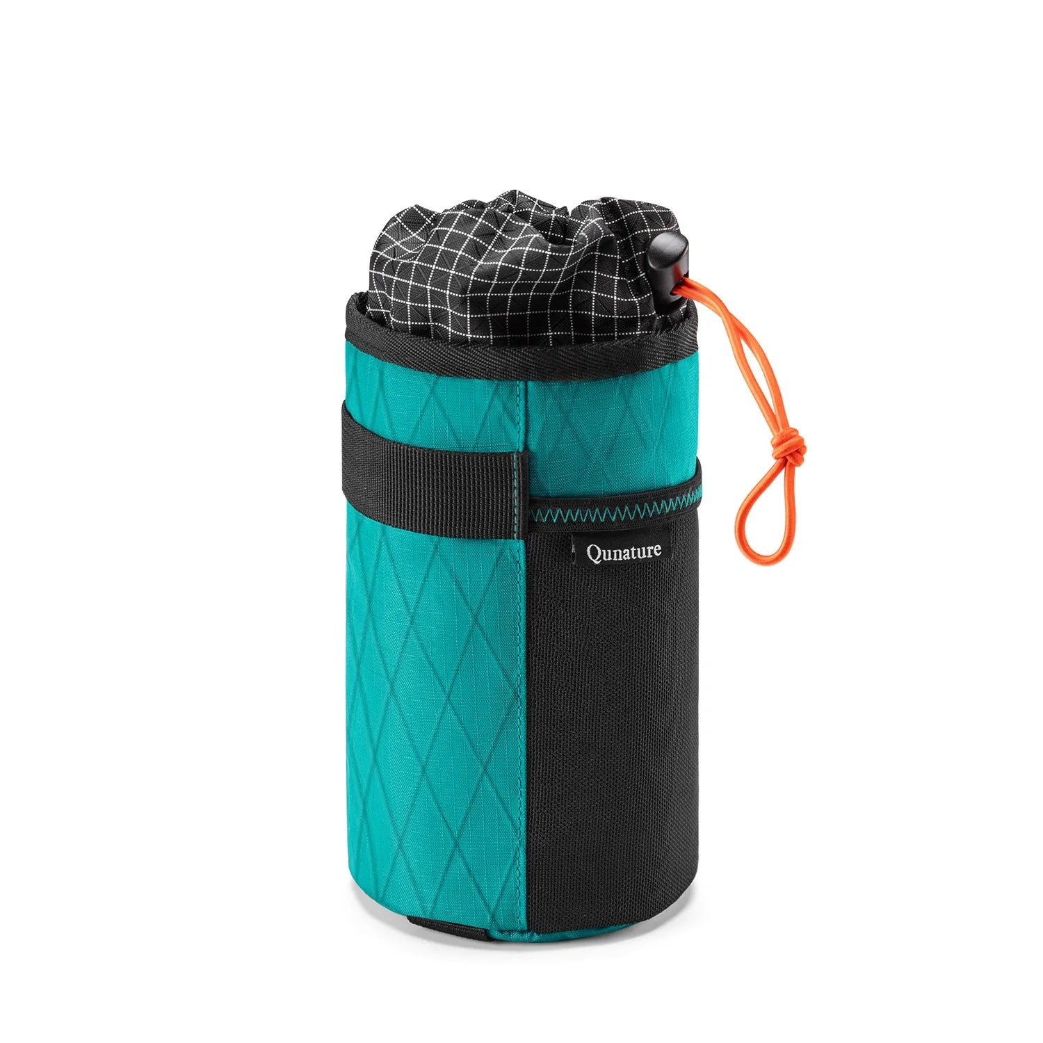A teal and black cylindrical camera bag with a diamond-quilted pattern, a black strap, and an orange drawstring cord, shown on a plain white background. #Color_Blue