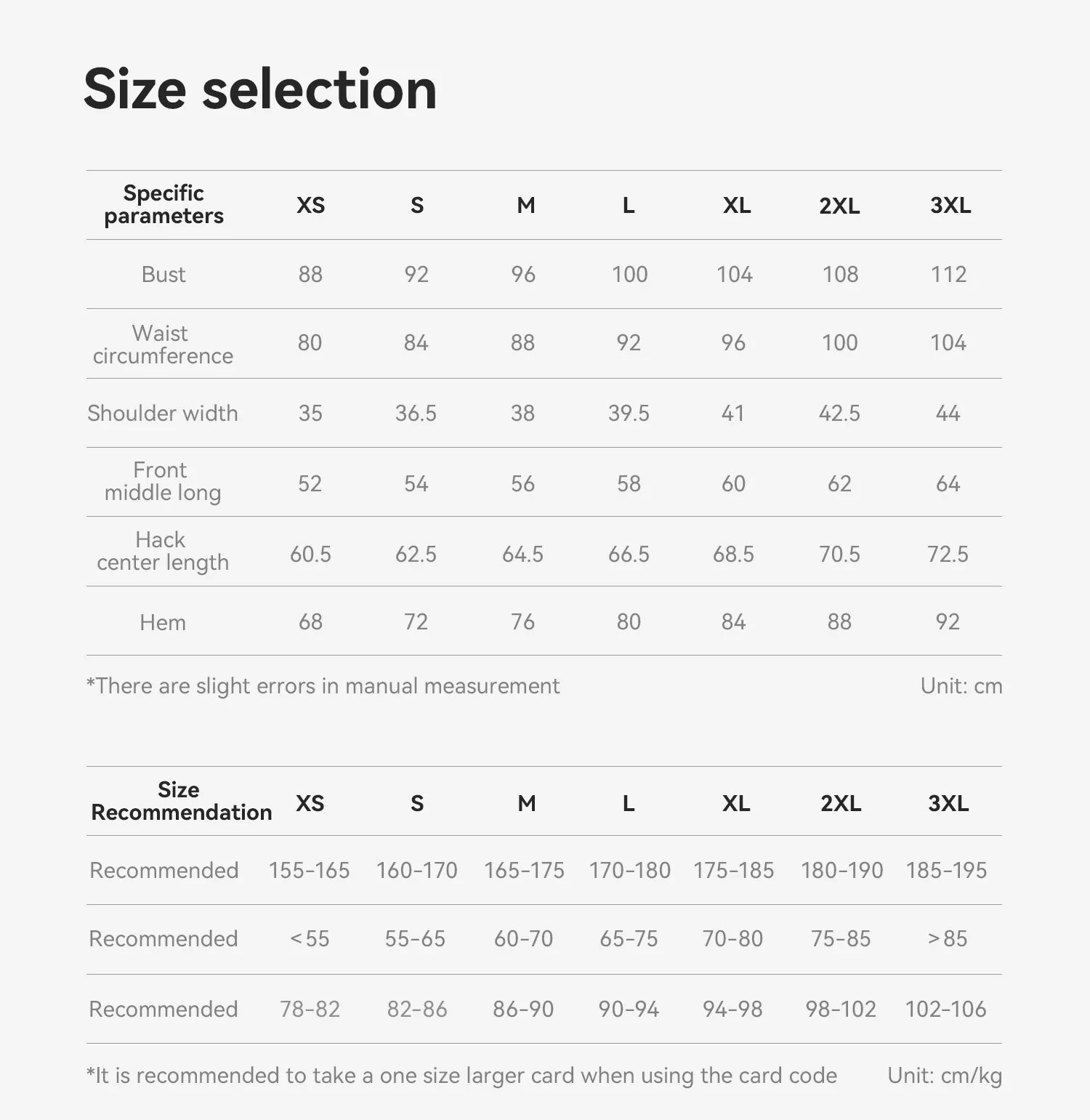 Size selection chart for clothing with measurements in centimeters and recommended sizes.