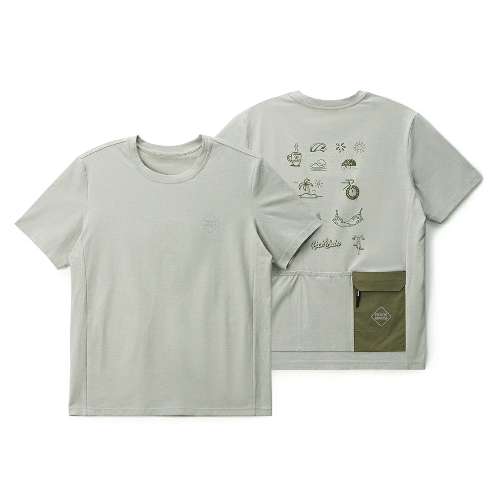 Light gray t-shirt with front and back designs on a white background