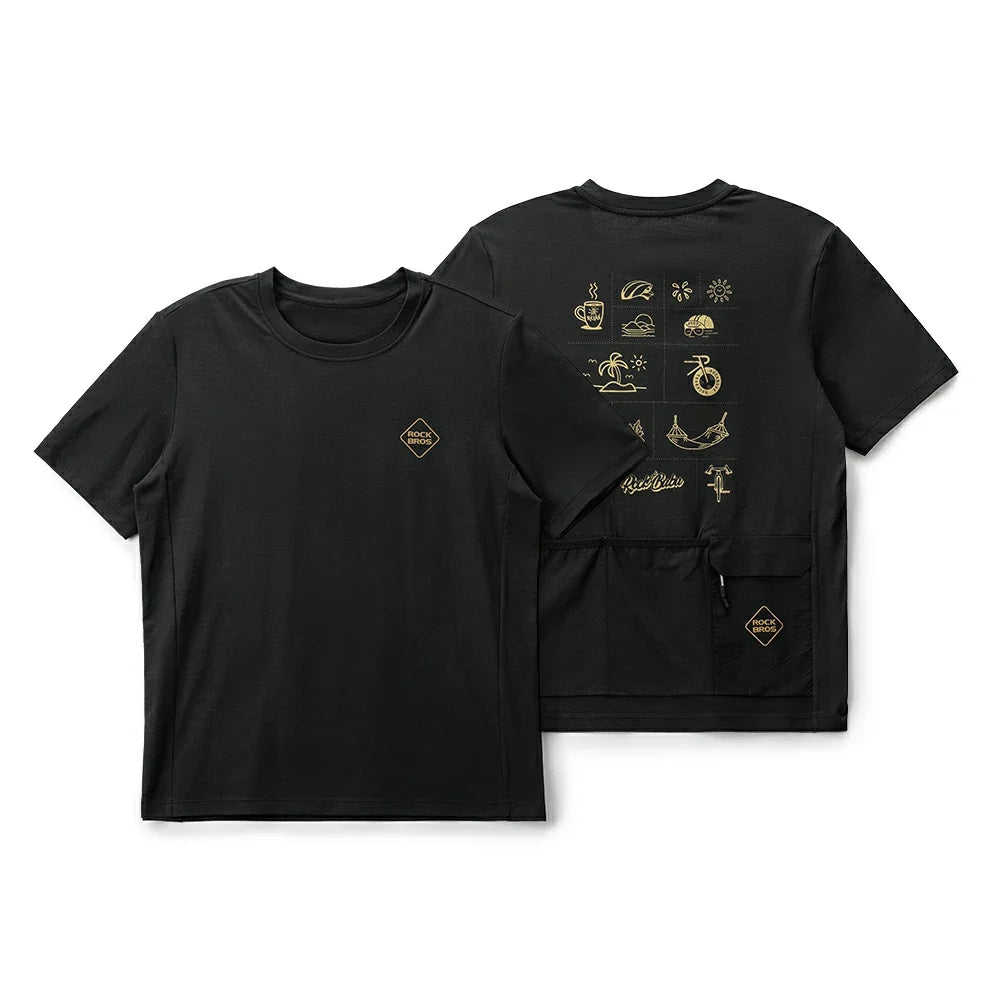 Black t-shirt with gold graphics on a white background