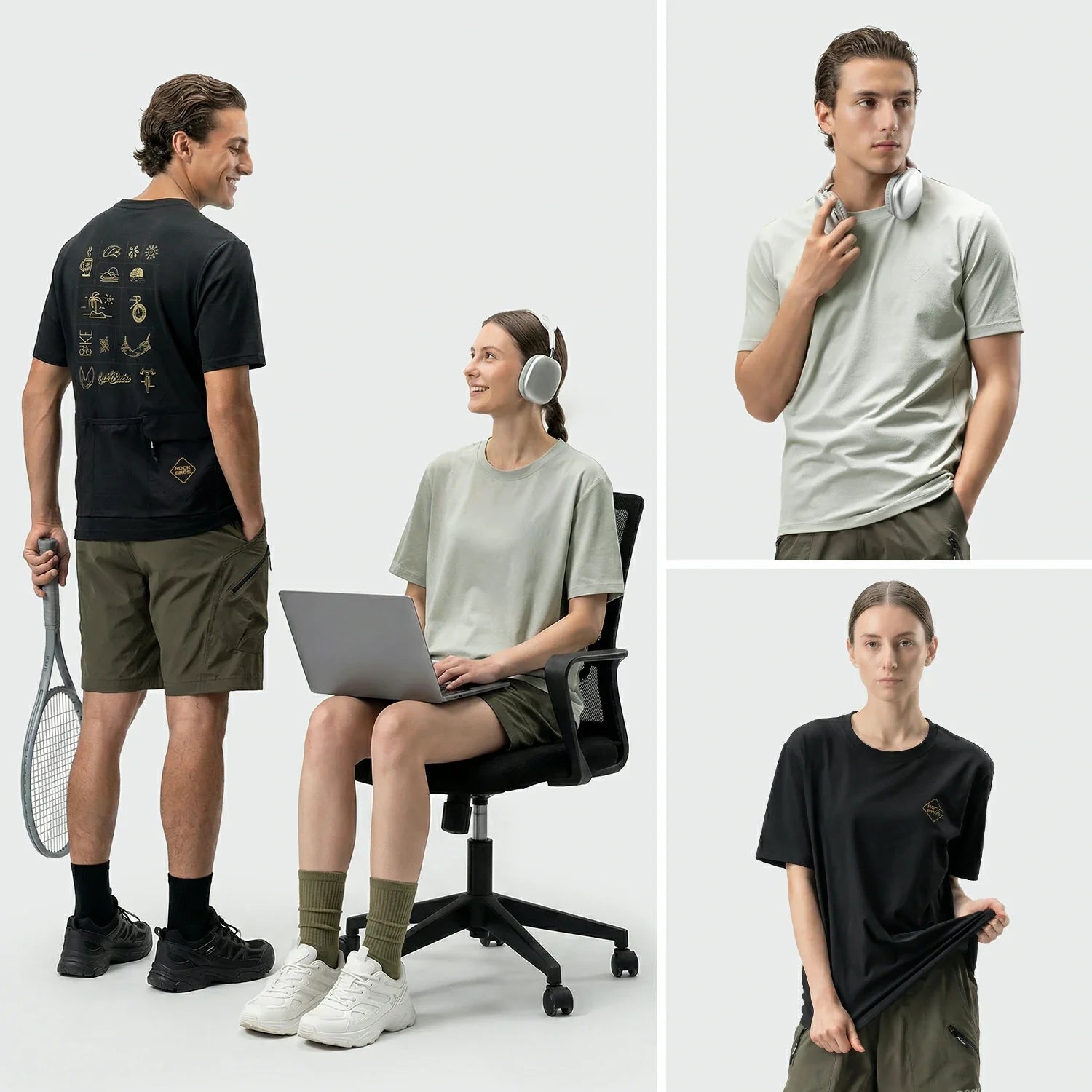 Four people wearing different t-shirt designs on a white background