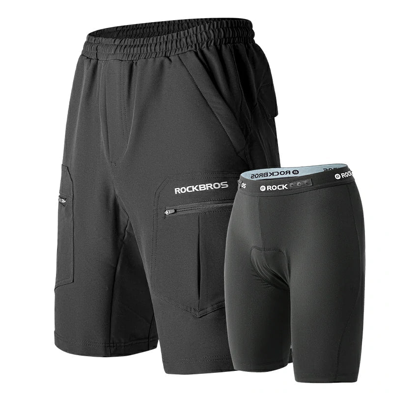 Black athletic shorts with 'RockBros' branding on a white background