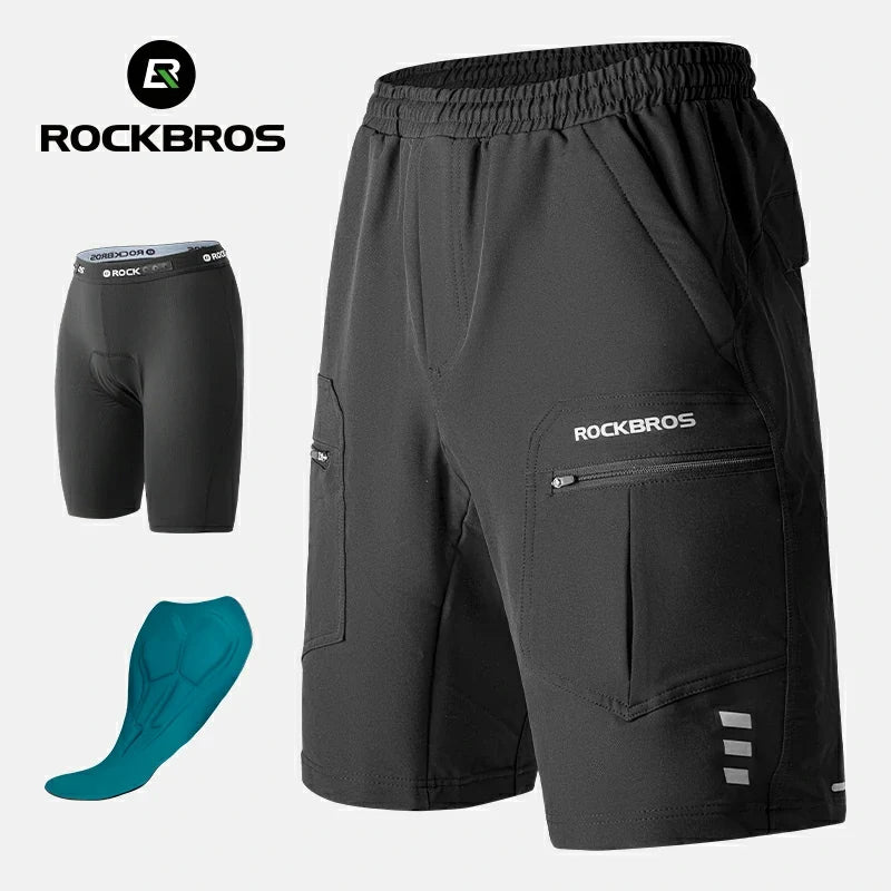 Black athletic shorts with multiple pockets and a small logo, featuring the brand 'RockBros'.