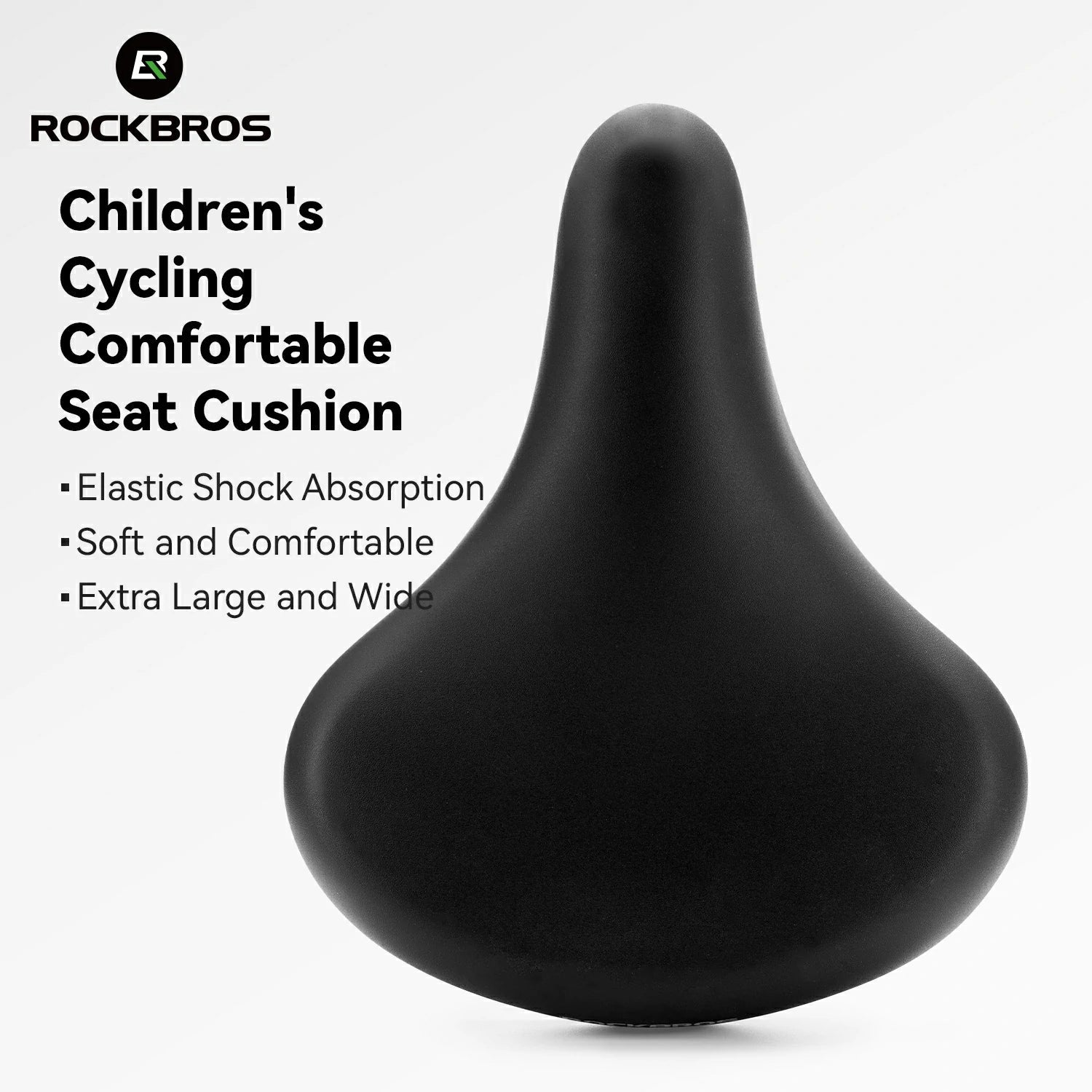 Black children's cycling seat cushion with ROCKBROS branding and features listed on a white background.