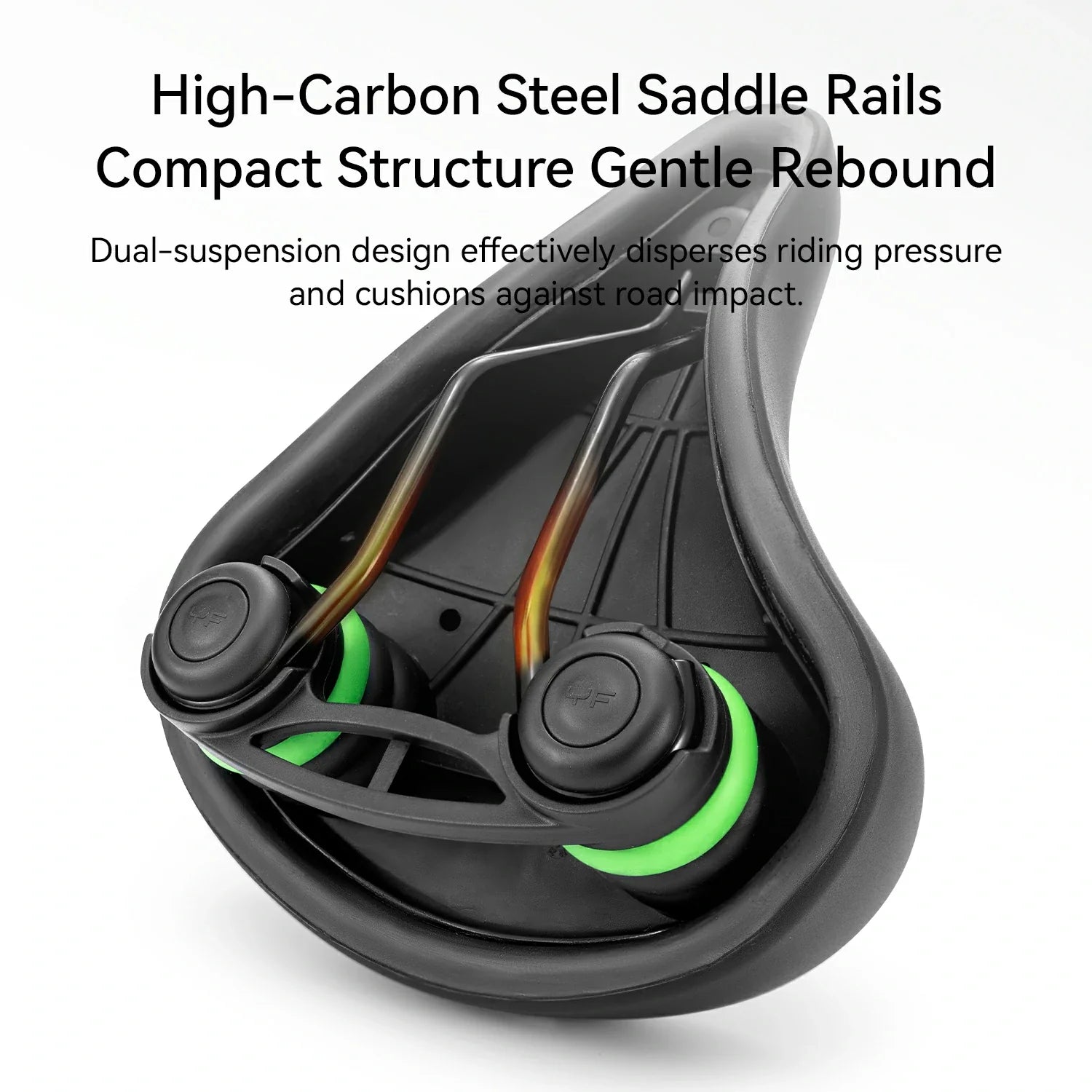 Close-up of a high-carbon steel saddle rail with text describing its features.