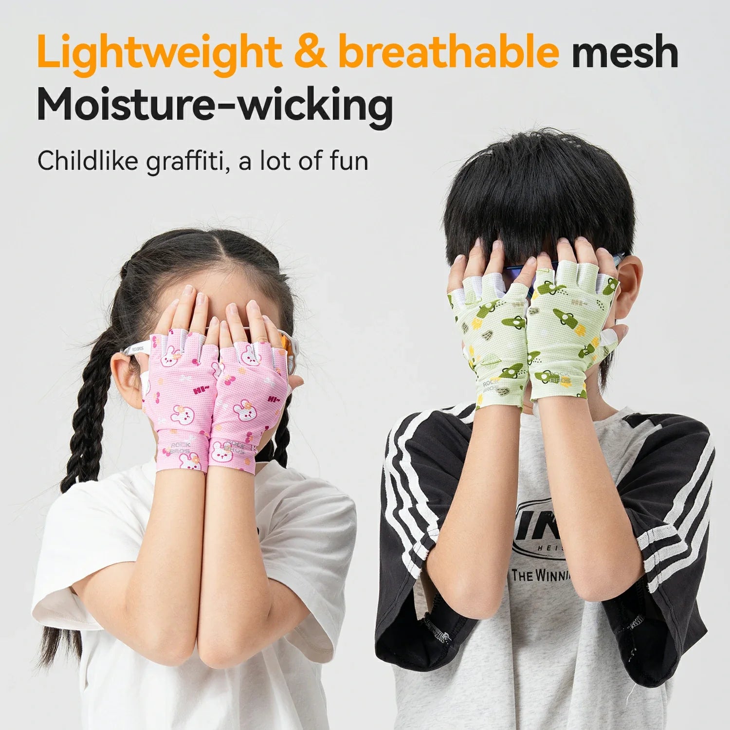 Two children wearing colorful fingerless gloves with text about mesh material and design.