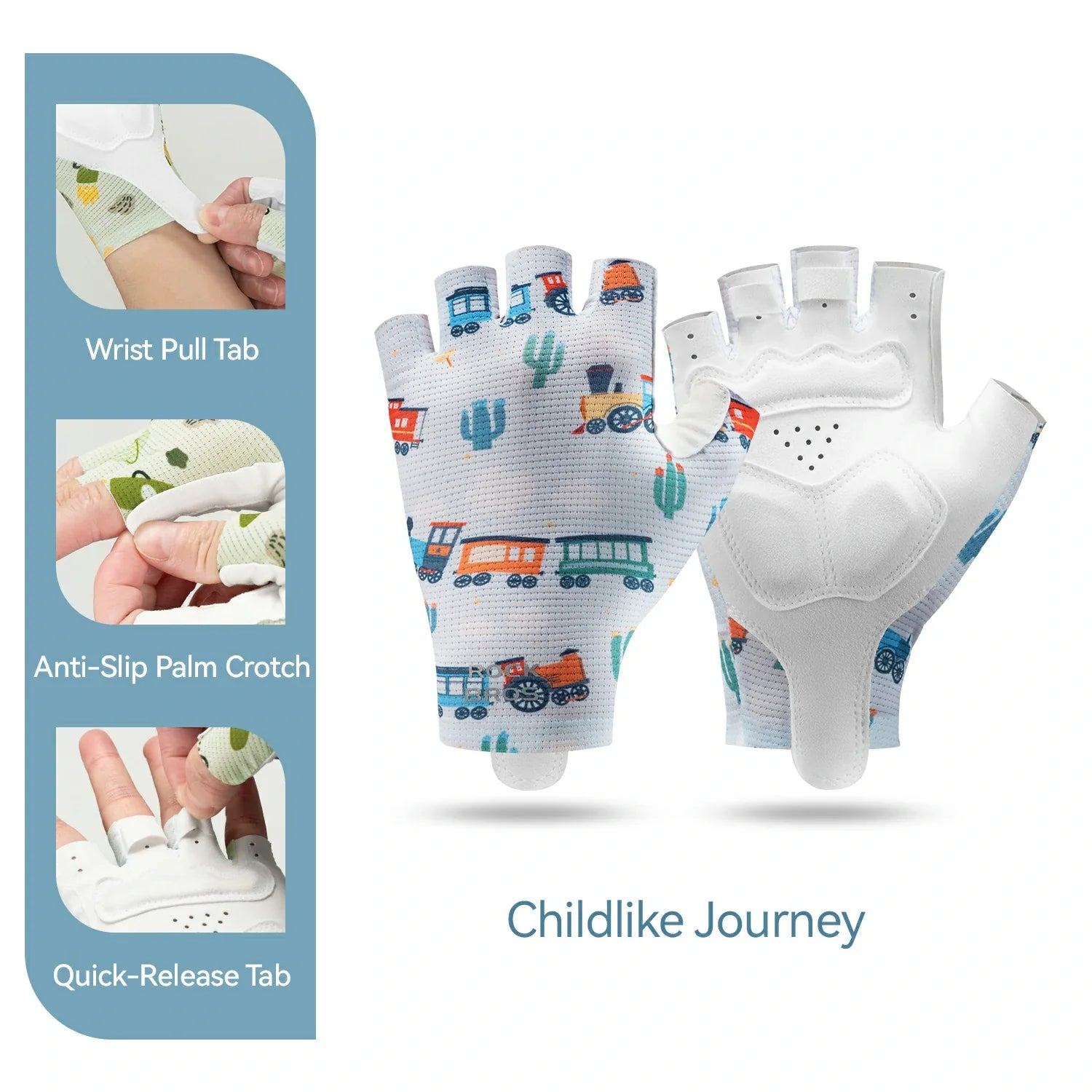 Children's gloves with train pattern on a white background #Color_Blue