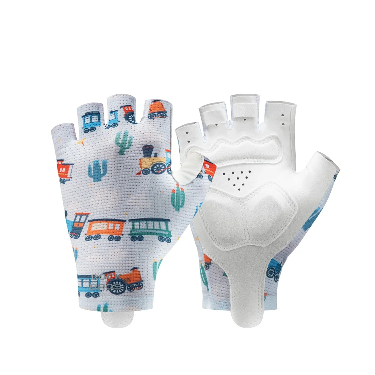 Gloves with train design on one half and plain white on the other, on a white background. #Color_Blue