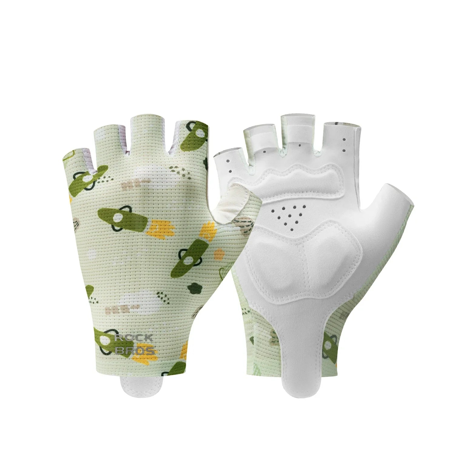 Pair of gloves with green and white design on a white background #Color_Green