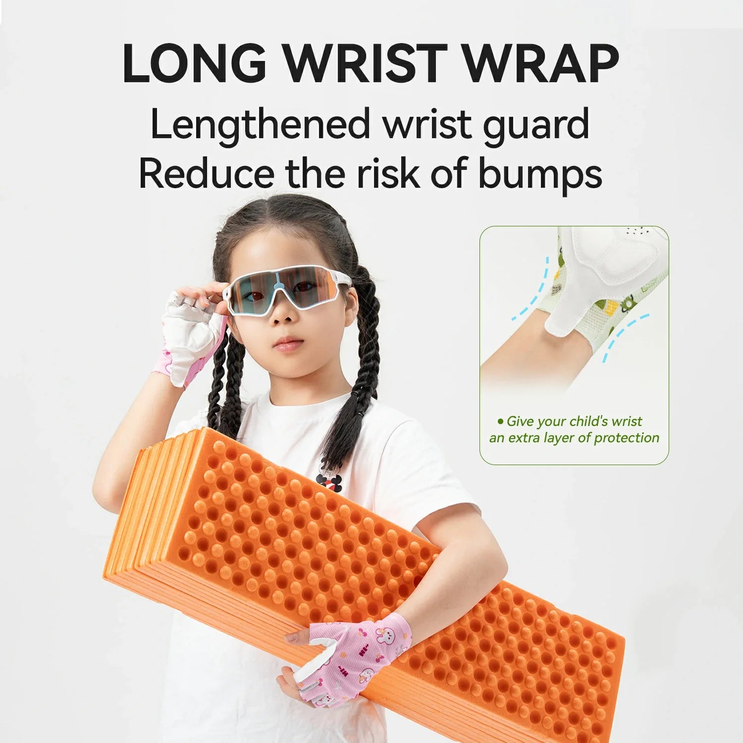 Child wearing a long wrist wrap with text about reducing the risk of bumps