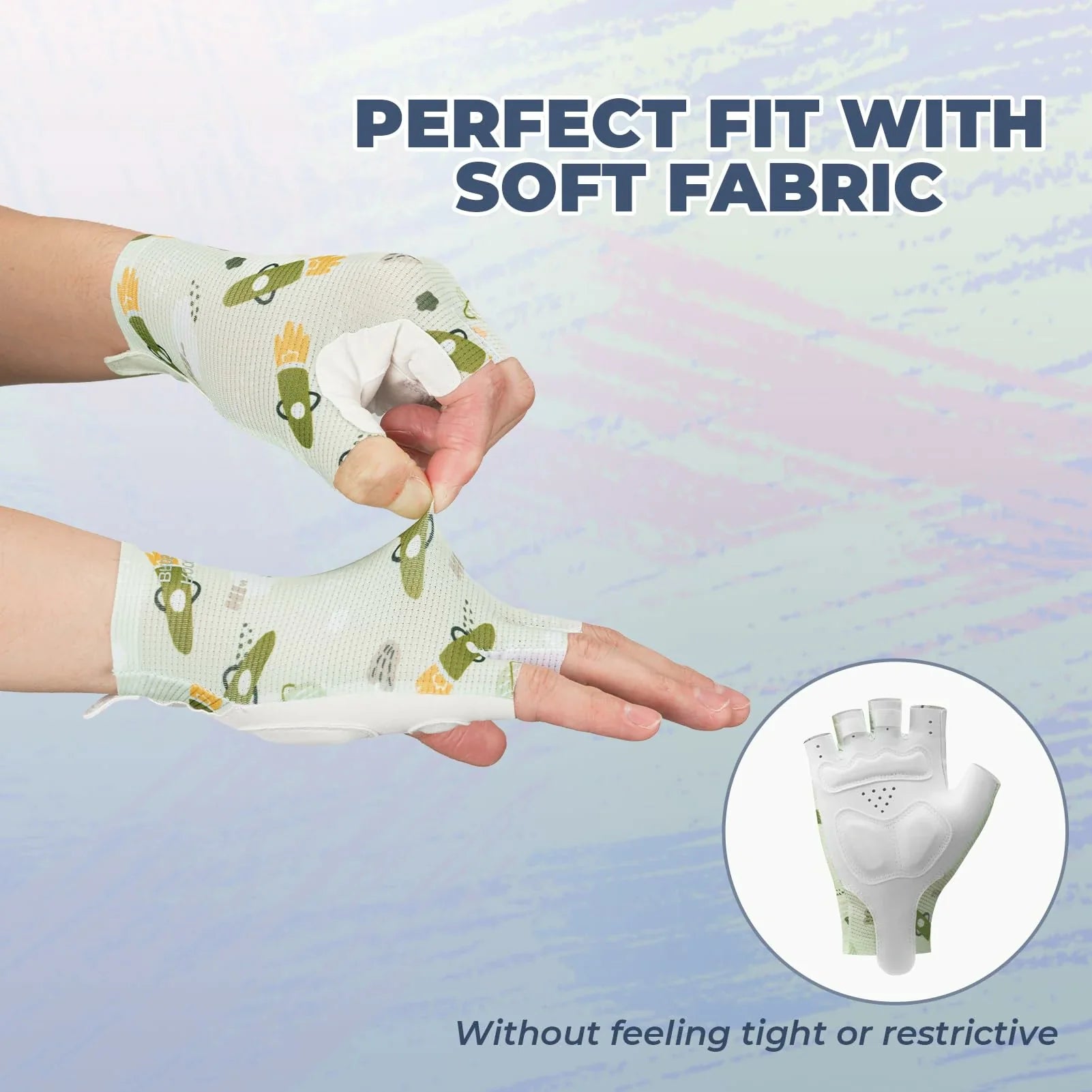 Hand wearing a soft fabric glove with cartoon design, text 'Perfect Fit with Soft Fabric' on a colorful background.