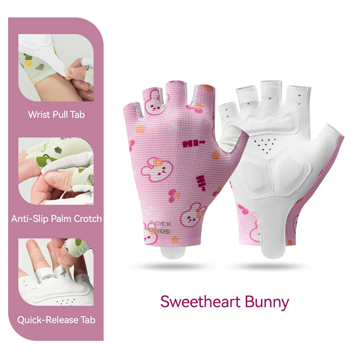 Pink and white gloves with 'Sweetheart Bunny' design on a pink packaging background. #Color_Red