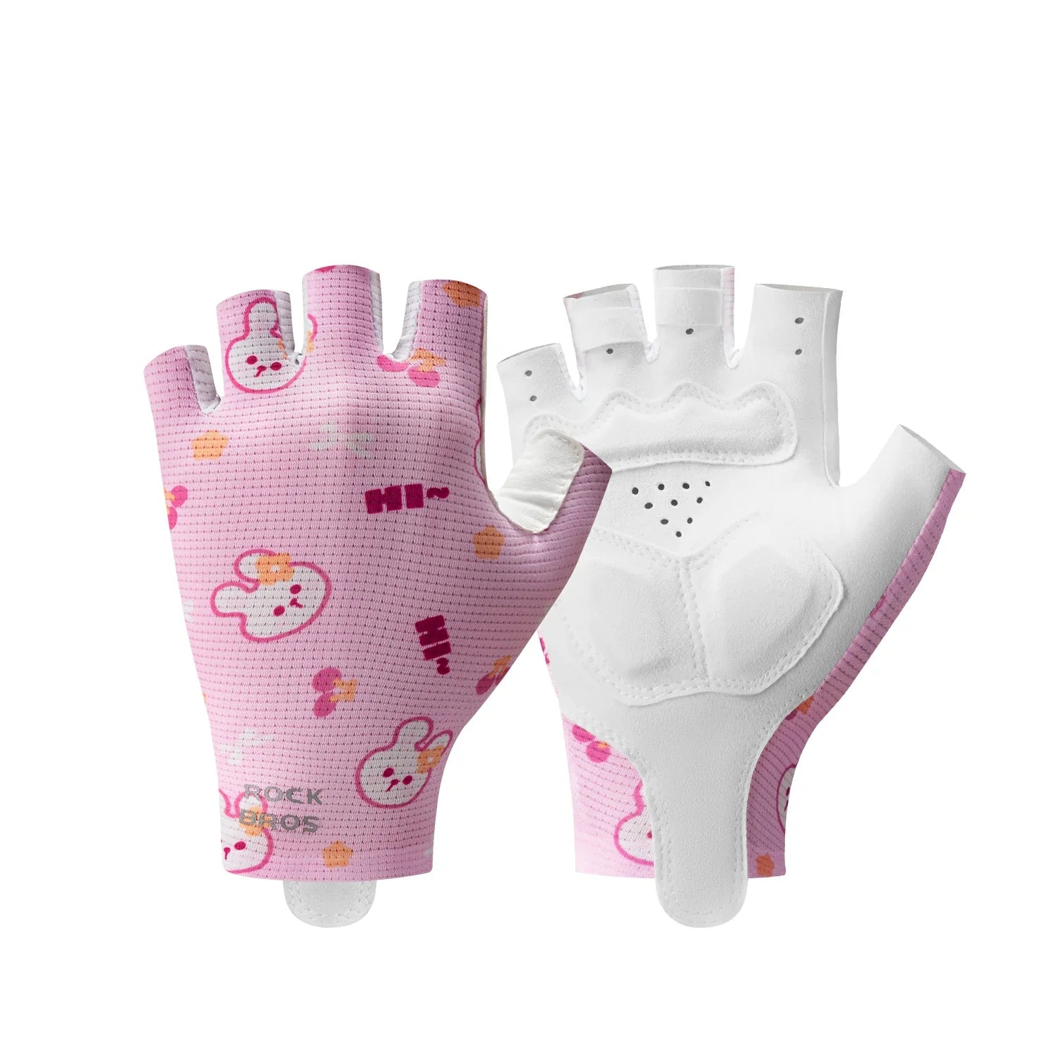 Pair of pink and white gloves with cartoon designs on a white background #Color_Red