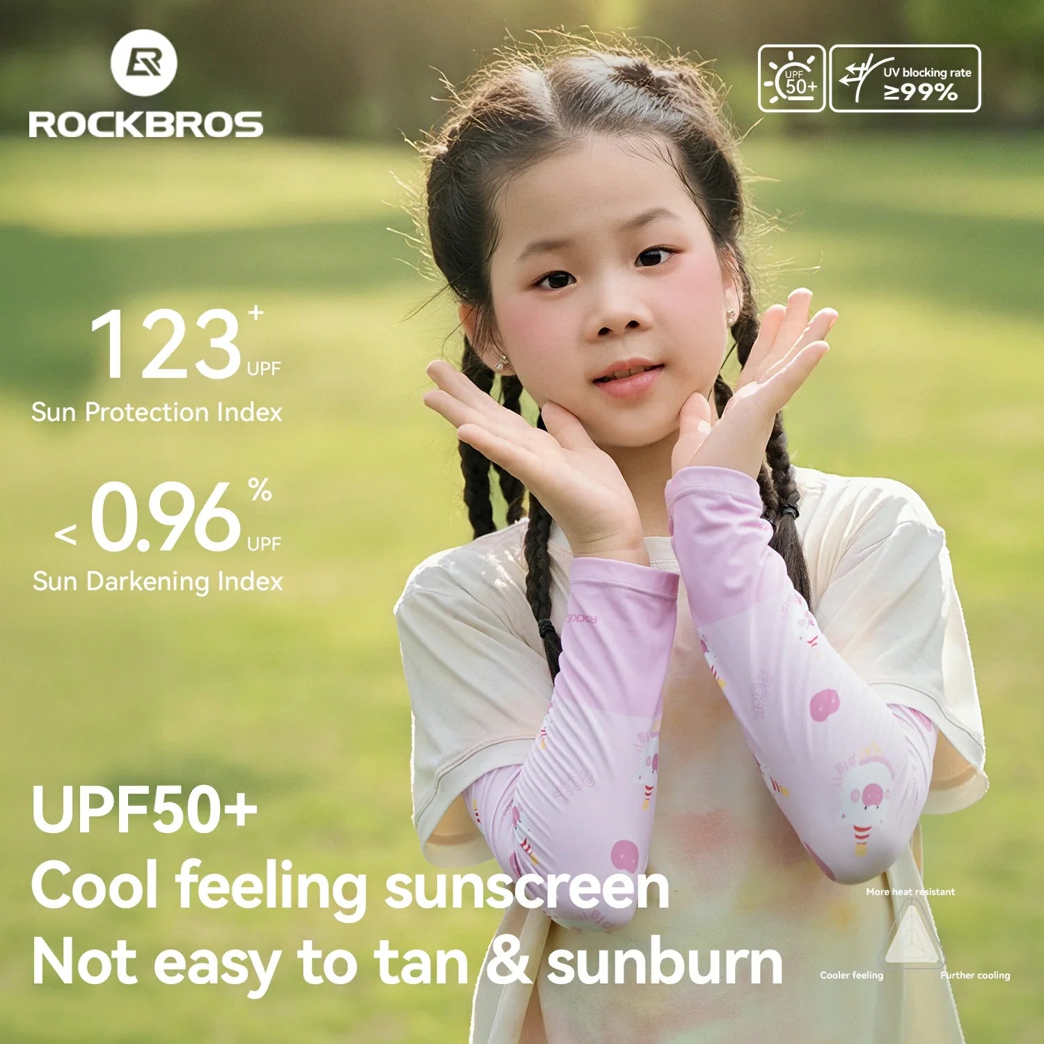 Child wearing sun protection sleeves with text about UPF and sun darkening index on a green outdoor background