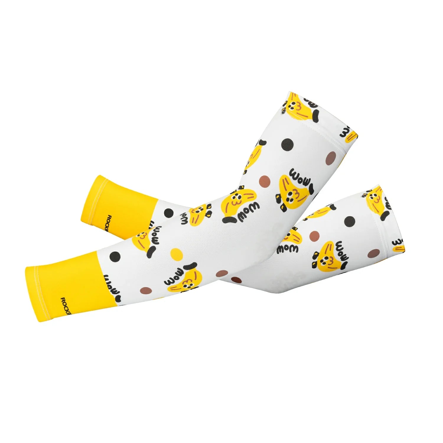 White warmers with yellow accents and cartoon character pattern on a white background #Color_Yellow