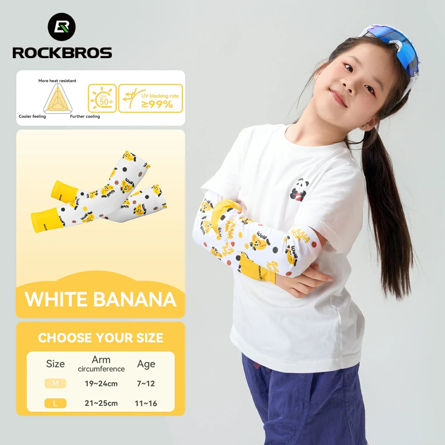 Child wearing white banana-themed elbow pads with product packaging and RockBros branding. #Color_Yellow