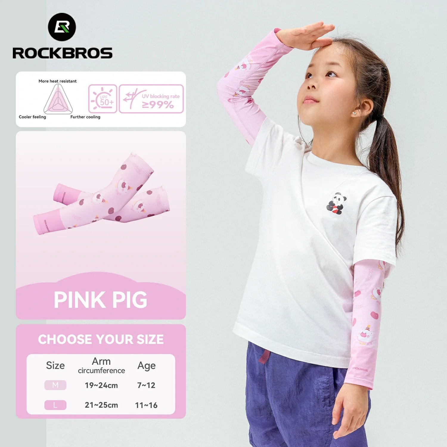 Child wearing a white shirt with pink long-sleeve undershirt, standing next to a product card for 'Pink Pig' undershirts by RockBros. #Color_Pink