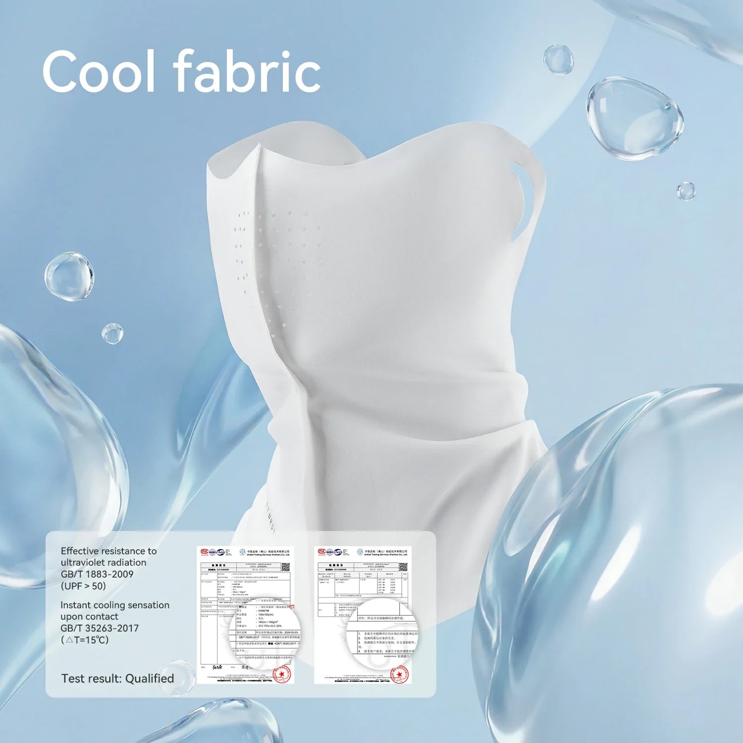 A white cooling undergarment or shapewear garment centered on a light blue graphic background with water droplets and the text 'Cool fabric.' A small test-result panel appears in the lower left, showing technical text and certification details.