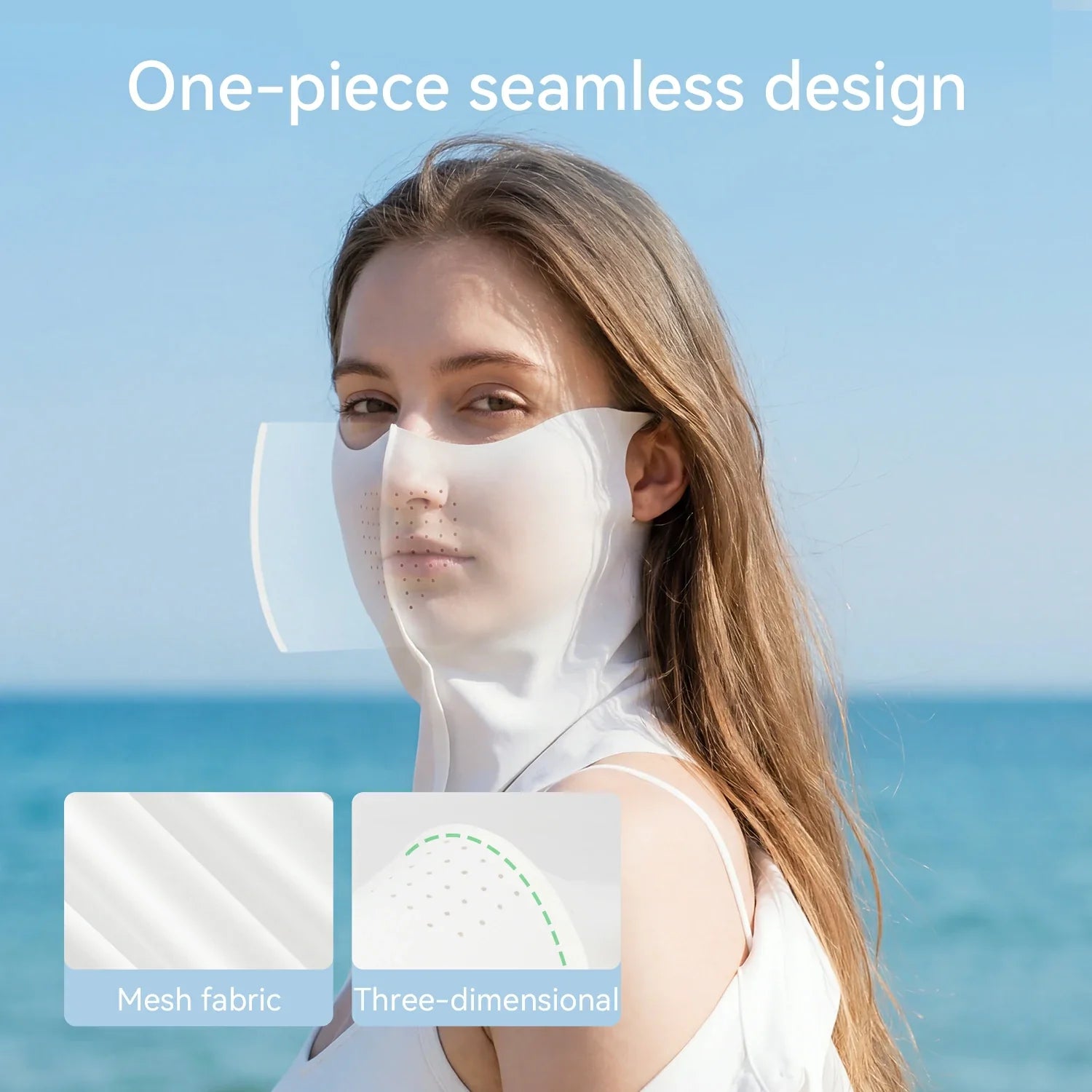 Woman wearing a face shield with ocean and sky background, highlighting 'one-piece seamless design' and fabric details.