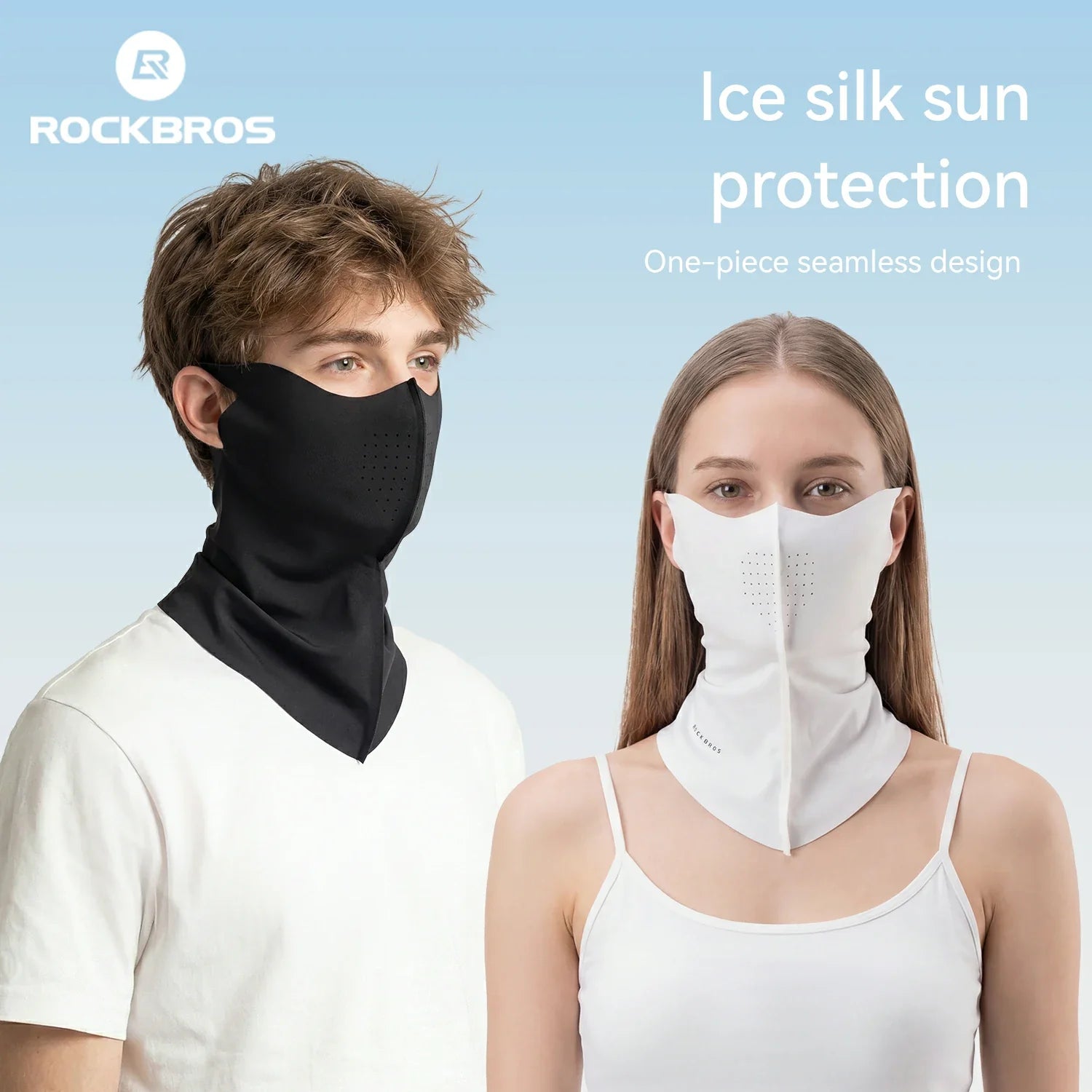 Two models wearing Rockbros ice silk sun protection neck gaiters, one in black and one in white, against a light blue gradient background with product text.