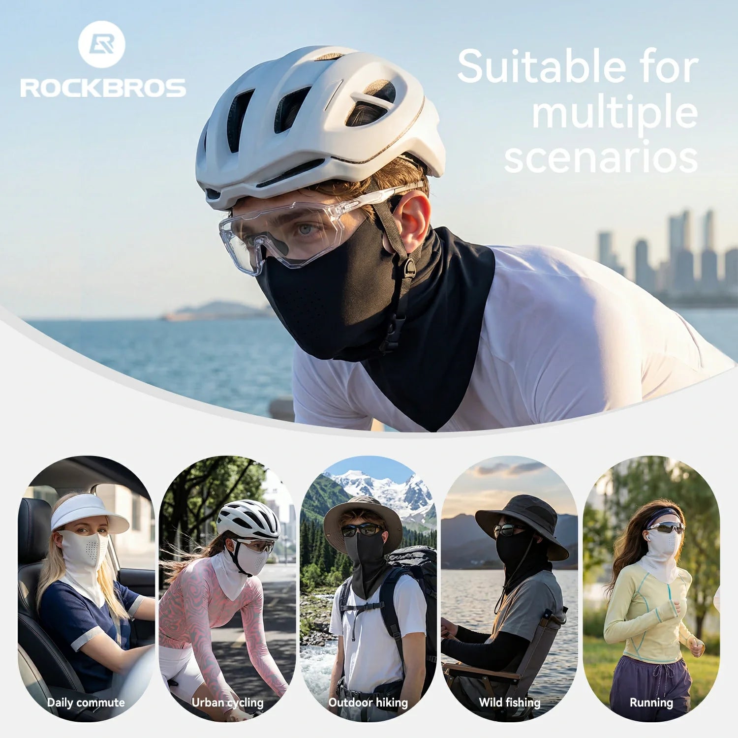 Person wearing a helmet and face mask with various scenarios depicted below, featuring the RockBros brand.
