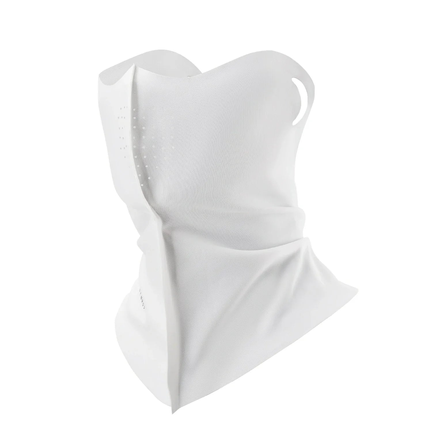A white knit neck gaiter or face covering with a curved cutout on the side, displayed on a clean white background. #Color_White