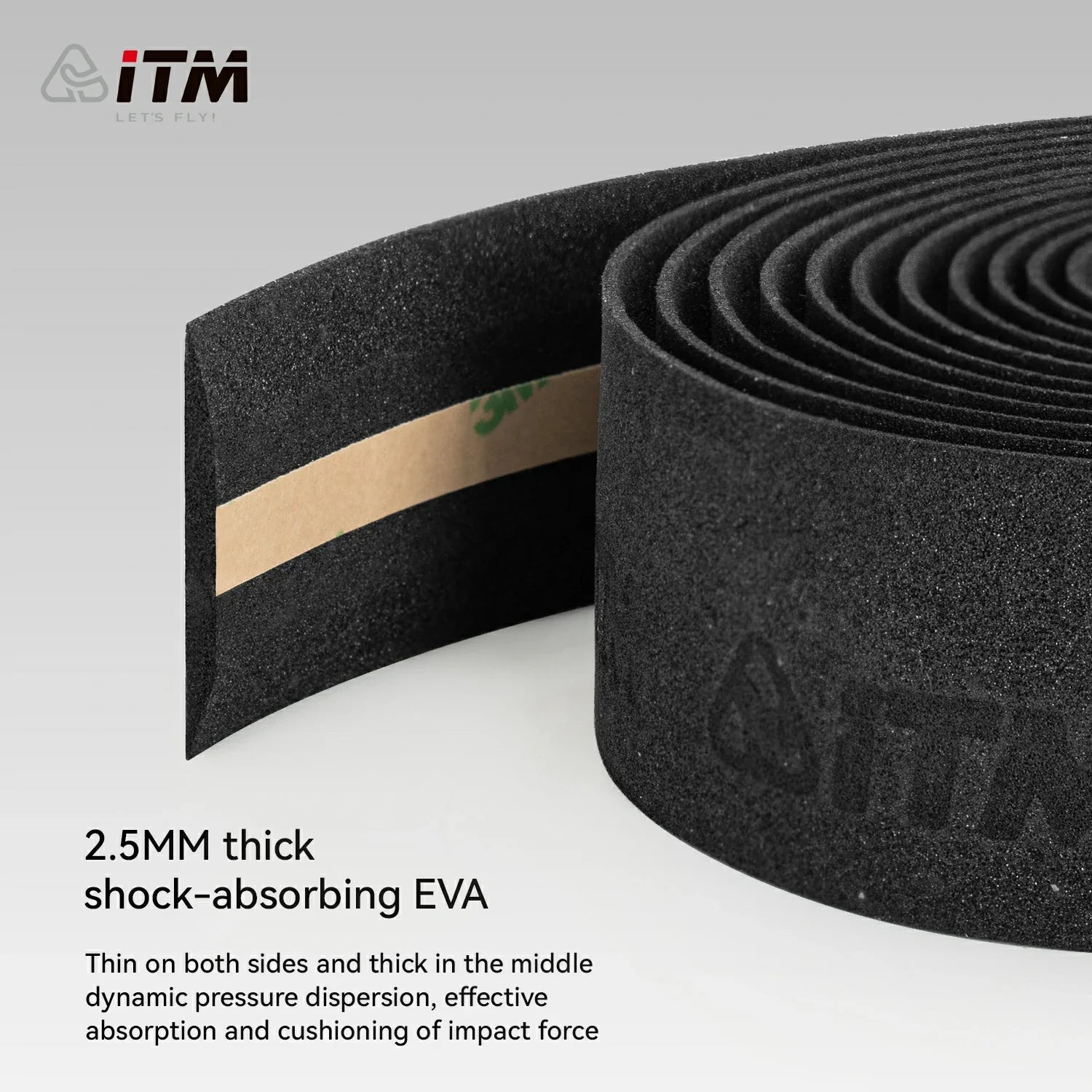 Self-adhesive backing on black cork-EVA bicycle handlebar tape.