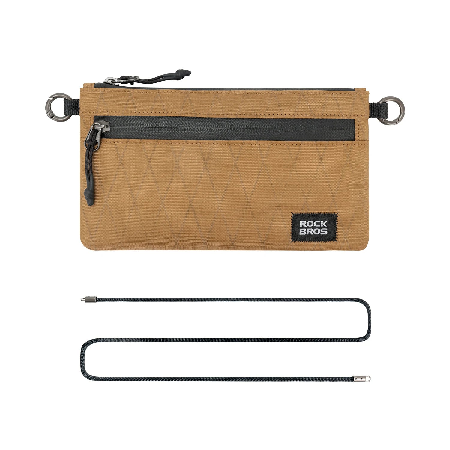Brown pouch with black zipper and 'Rock Bros' logo, accompanied by a black strap on a white background. #color_Khaki