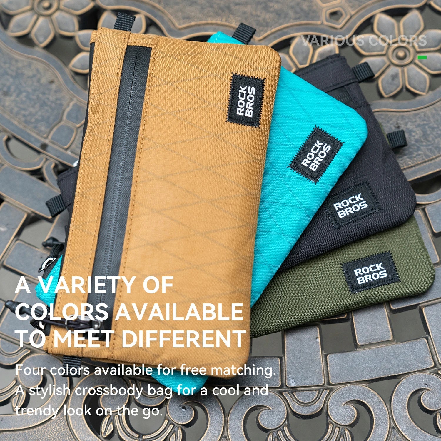 Four crossbody bags in different colors with 'RockBros' branding on a decorative surface.