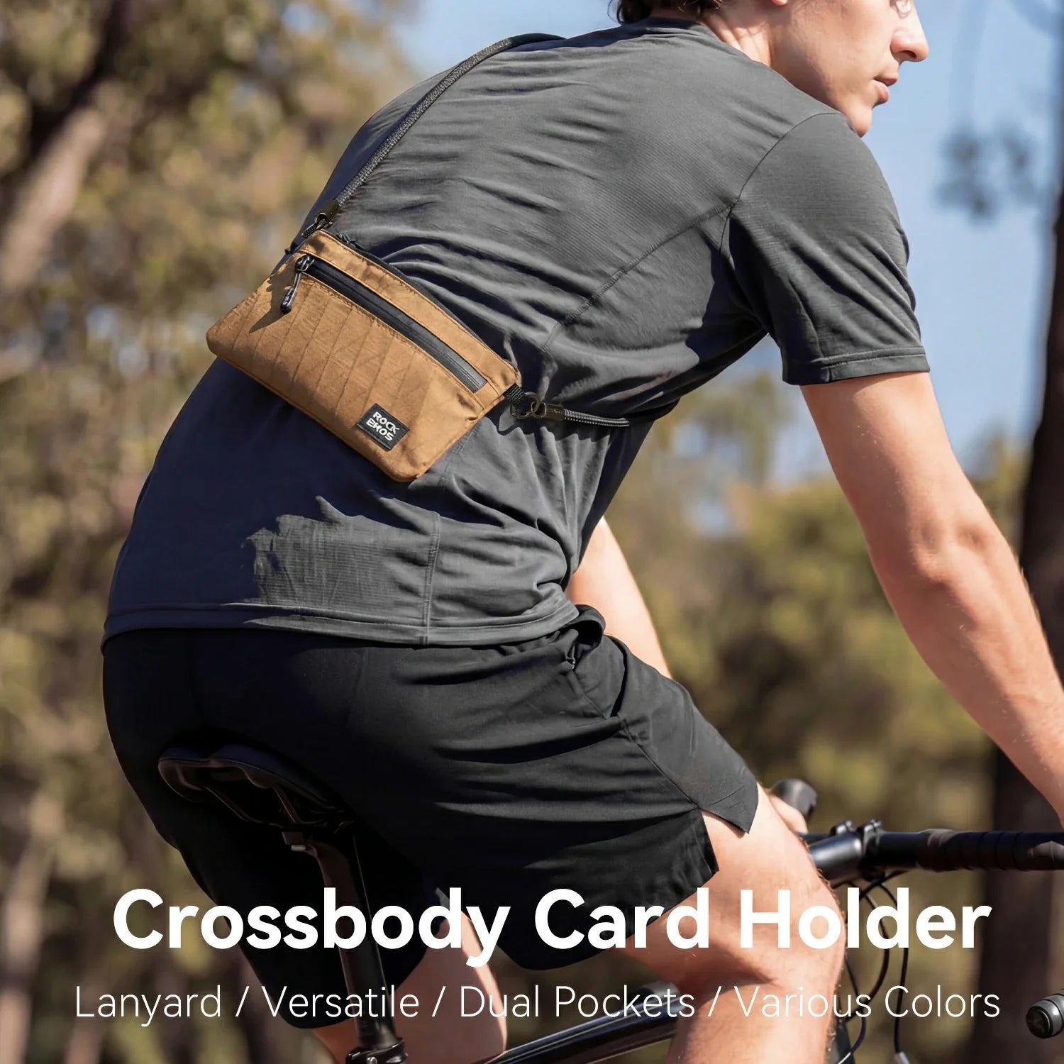 Person riding a bike wearing a brown crossbody card holder with text overlay.