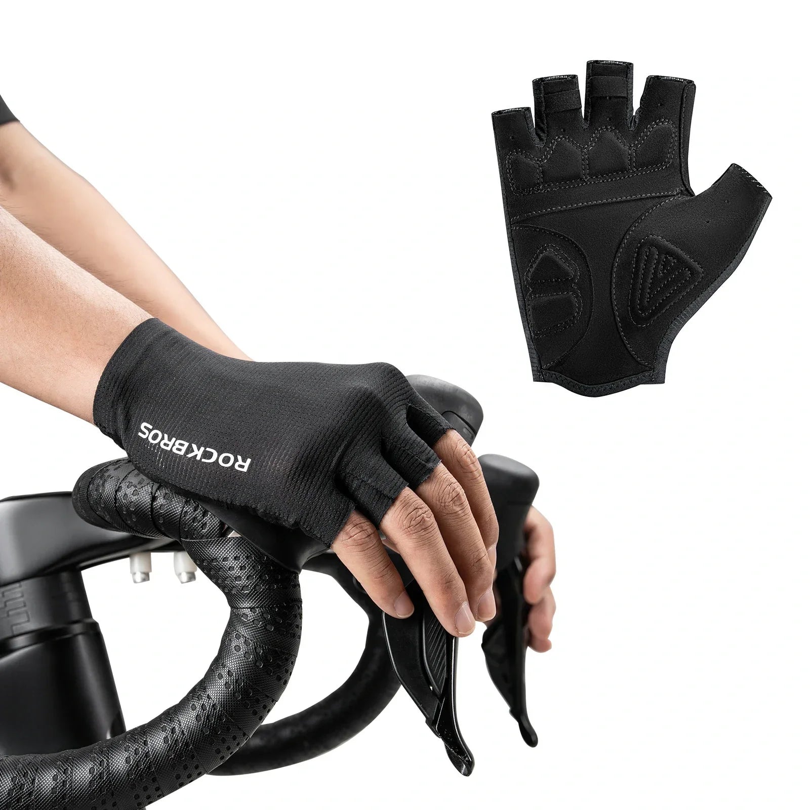 ROCKBROS cycling gloves half finger sbr padded#Color_Black