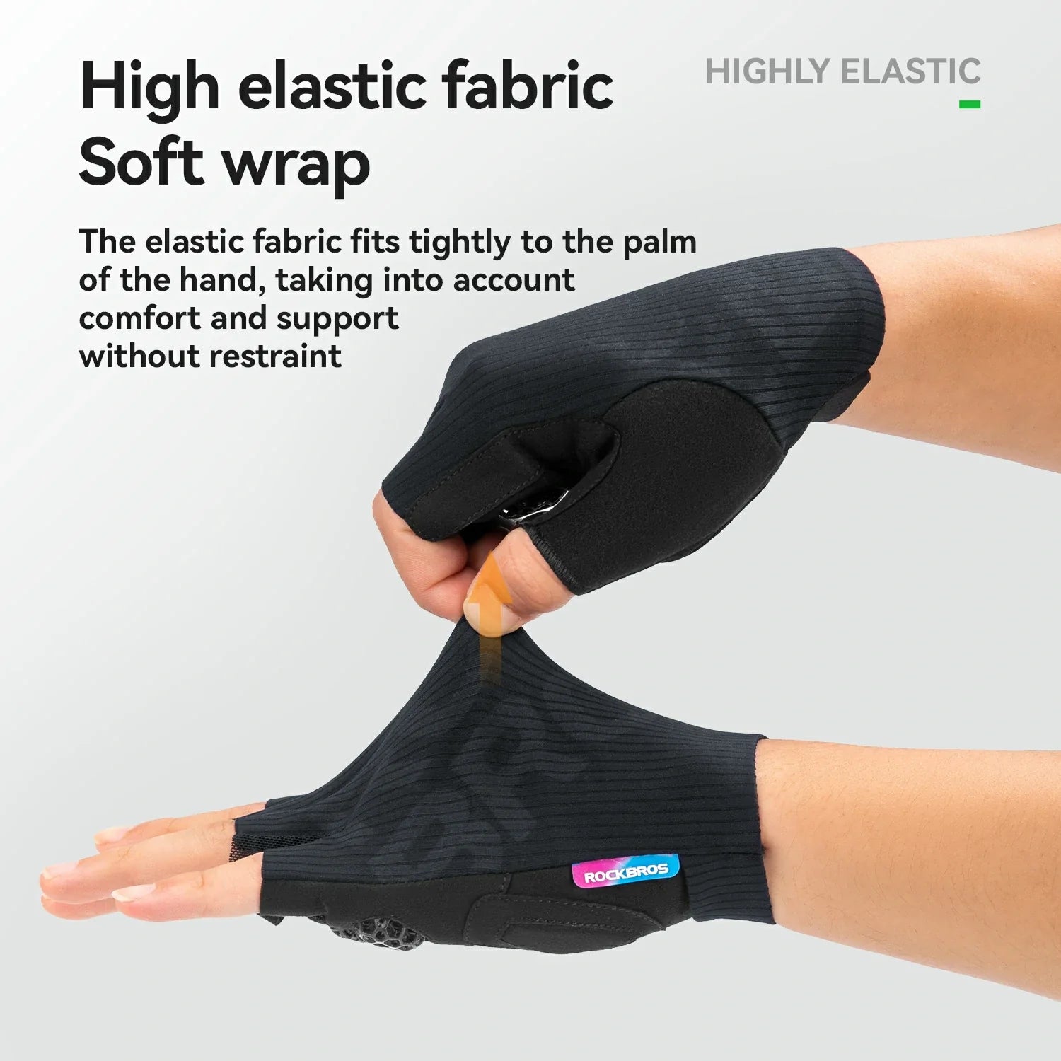 Black high-elastic fabric soft wrap being worn on a hand with text describing its features.