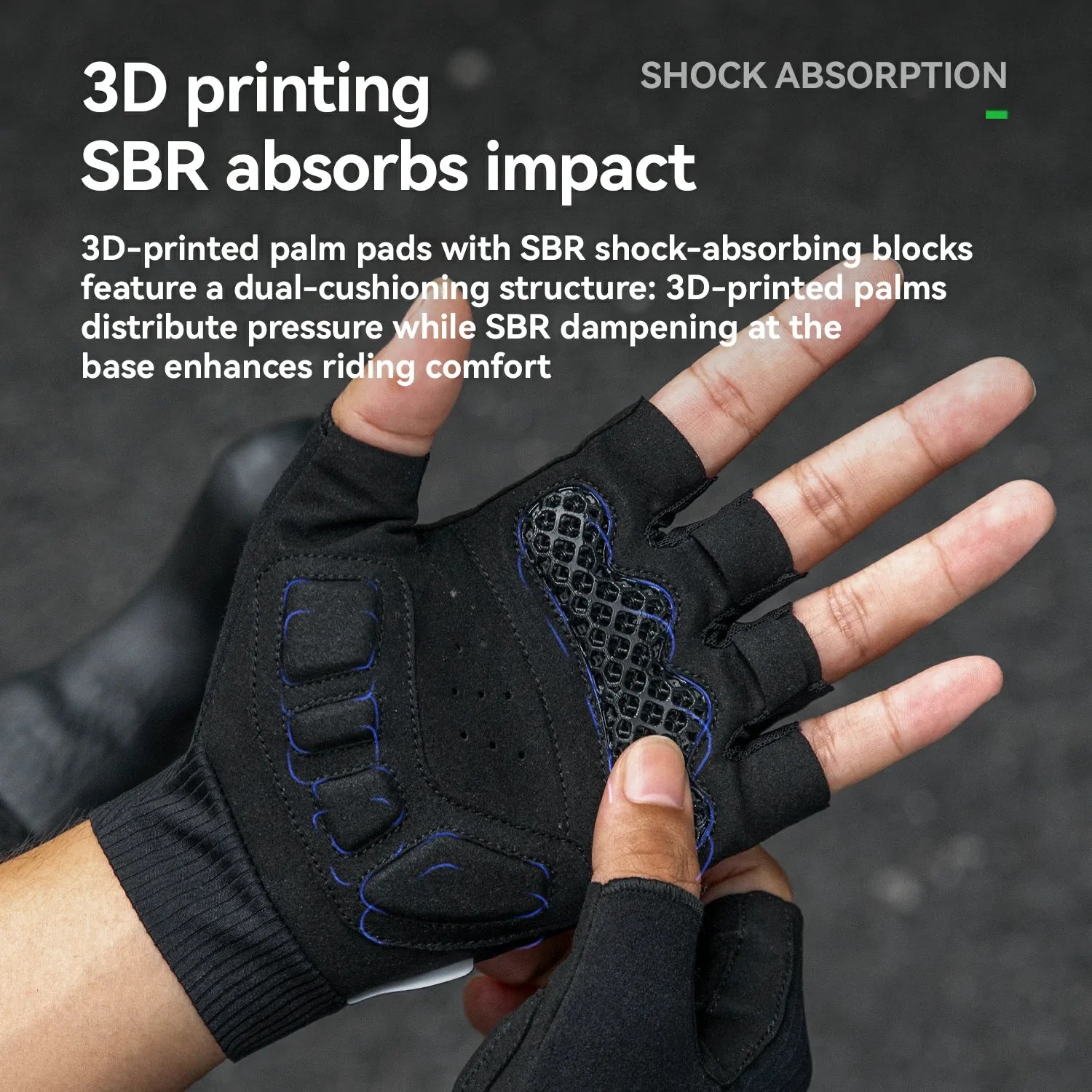 Black glove with 3D-printed palm pads and SBR shock-absorbing blocks, showing text about shock absorption.
