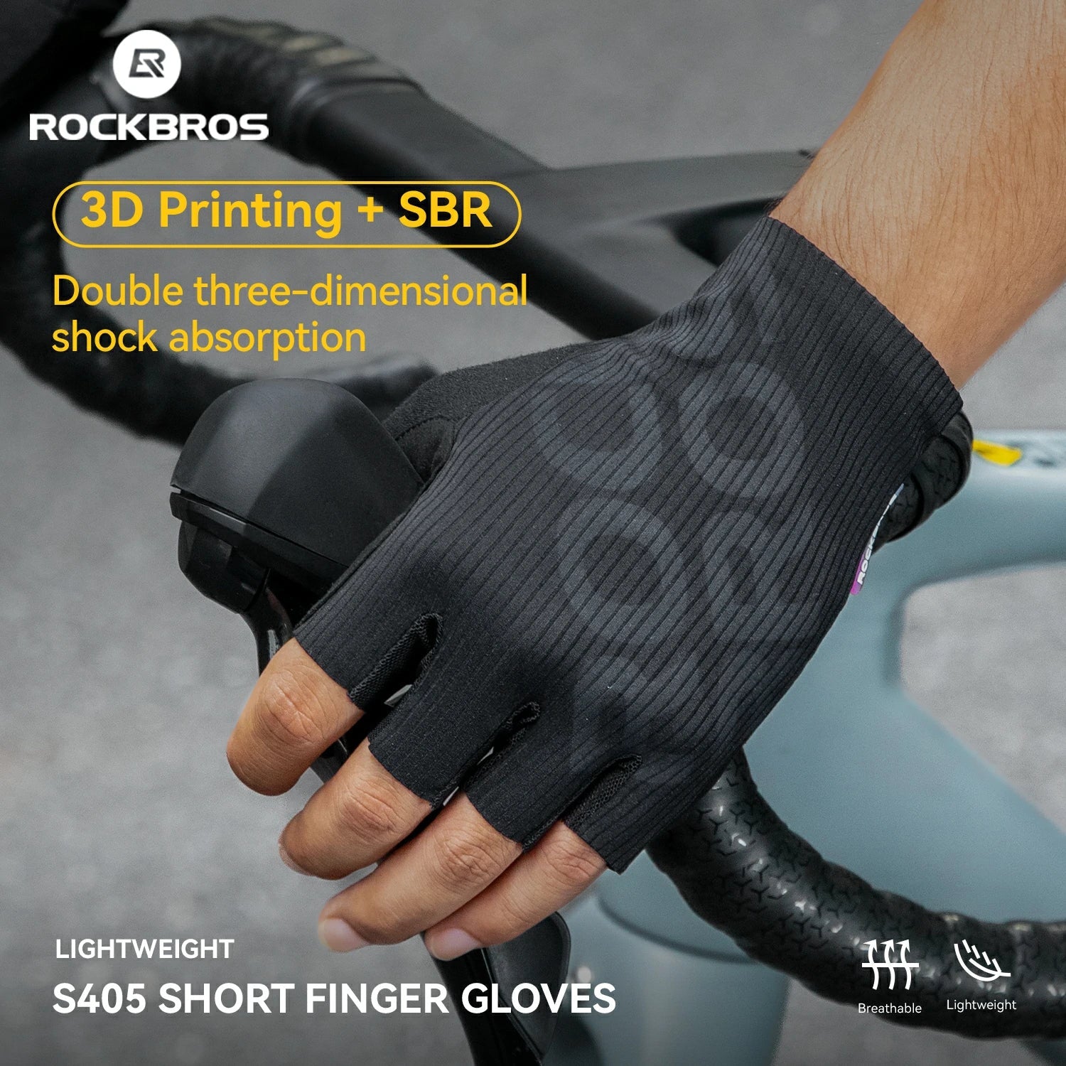Black short finger glove with 3D printing and SBR material on a blurred bike handle background, featuring RockBros branding.