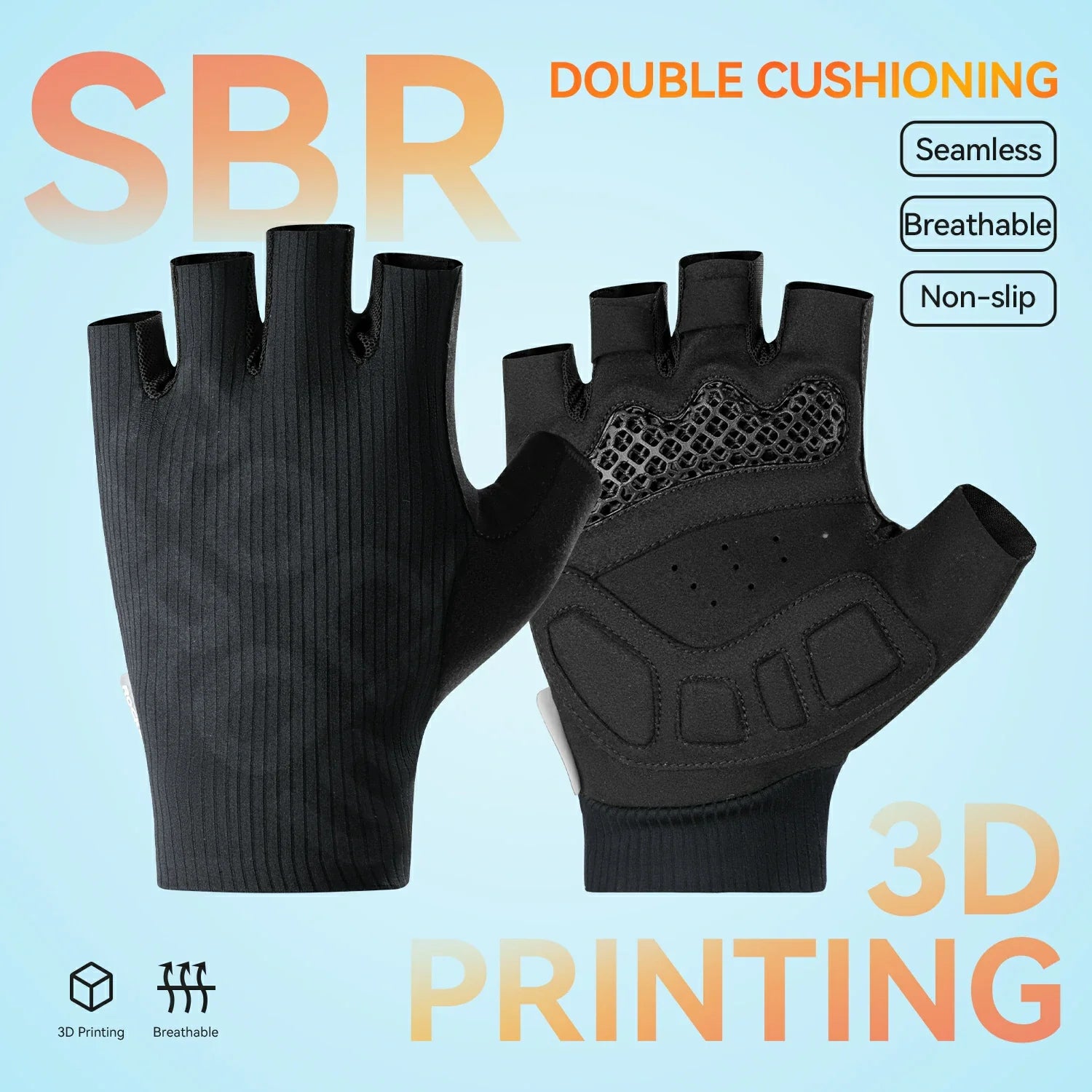 Black gloves with half-finger design on a light blue background, featuring text about SBR double cushioning and 3D printing.