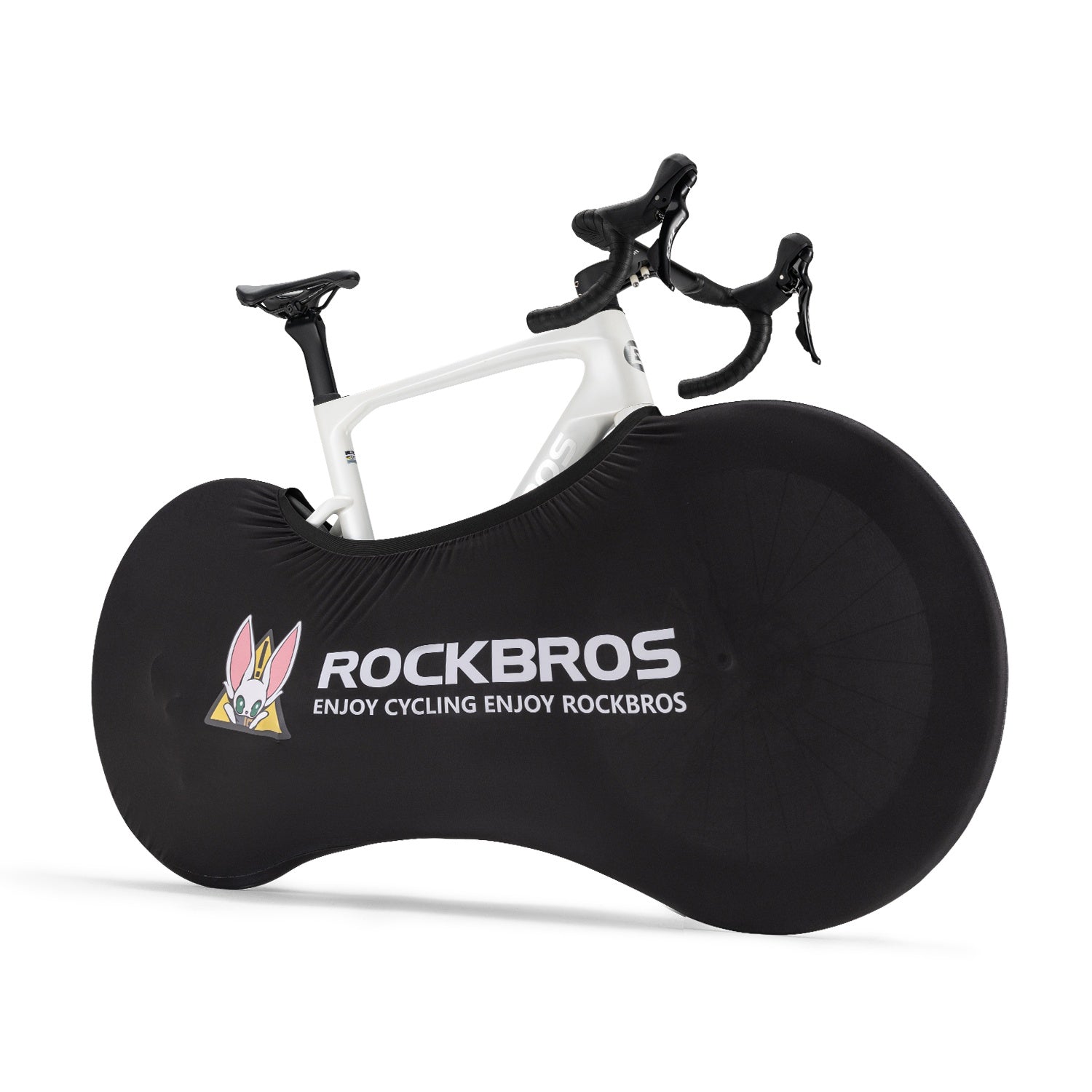 Black bicycle carrier with 'RockBros' branding holding a white bicycle on a white background #Color_Black Rabbit