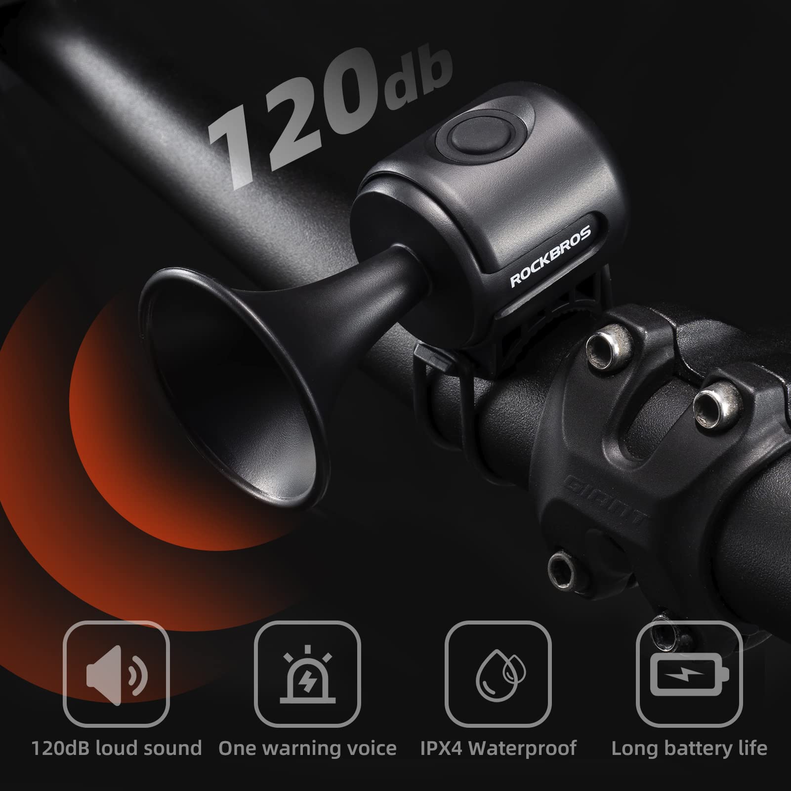 Bicycle horn with 120dB label and brand name on a dark background