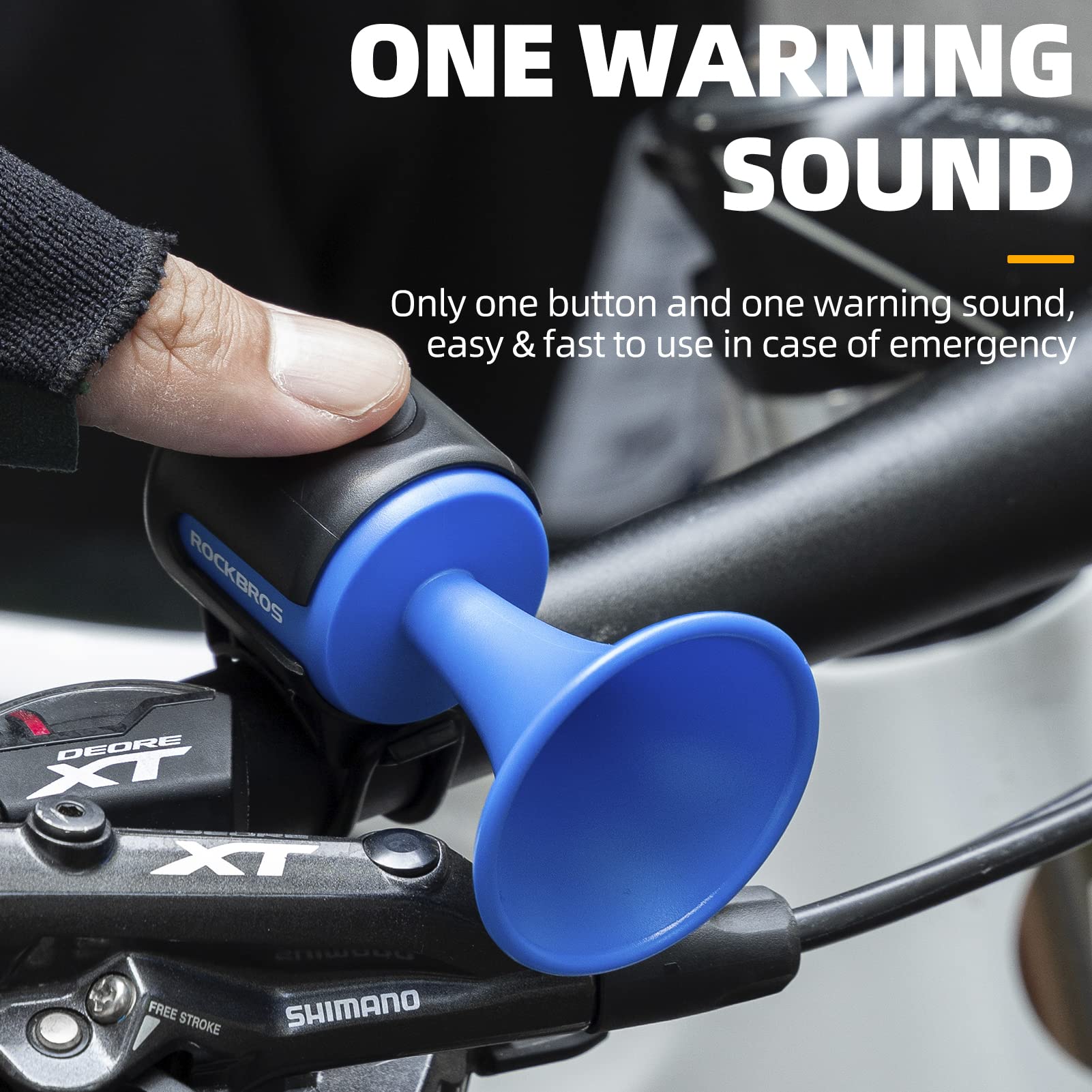 Blue bike horn attached to handlebars with text about warning sound and ease of use.